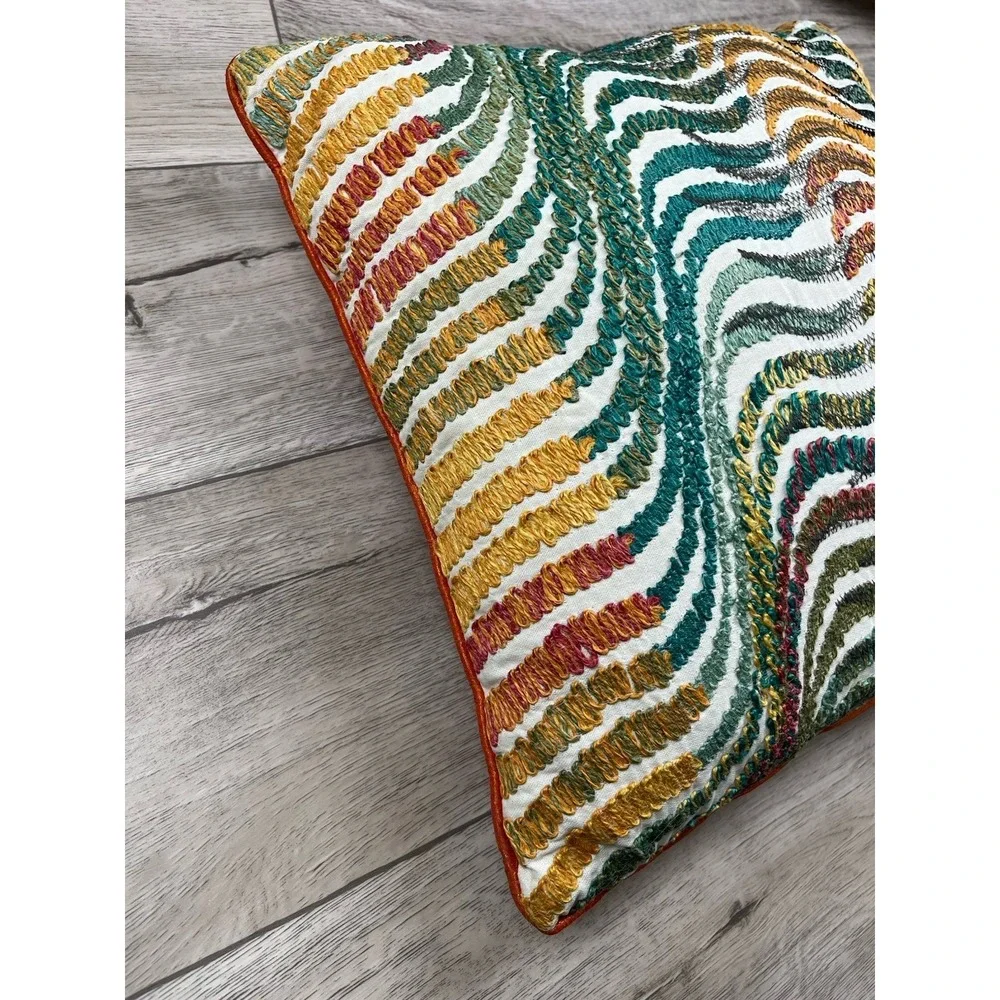World Market Throw Pillow Cover Waves Embroidered 18